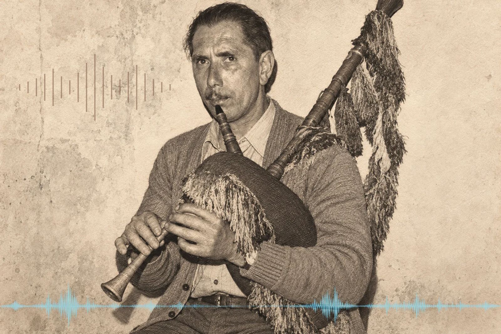 Juan Huerta jouant de la cornemuse asturienne avec le roncón sur l'épaule, photographie des archives familiales prêtée pour cette recherche, avec deux formes d'onde superposées comme motif graphique de l'analyse MIR.