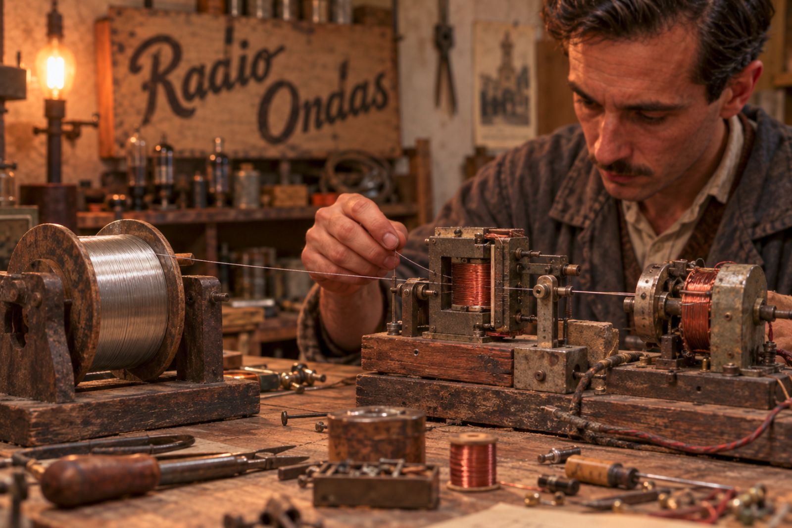 Recreación conceptual (no es una fotografía histórica real): taller de radio y electrónica de los años 40 con herramientas artesanales, un carrete de hilo metálico fino en primer plano y un motor eléctrico bobinado a mano