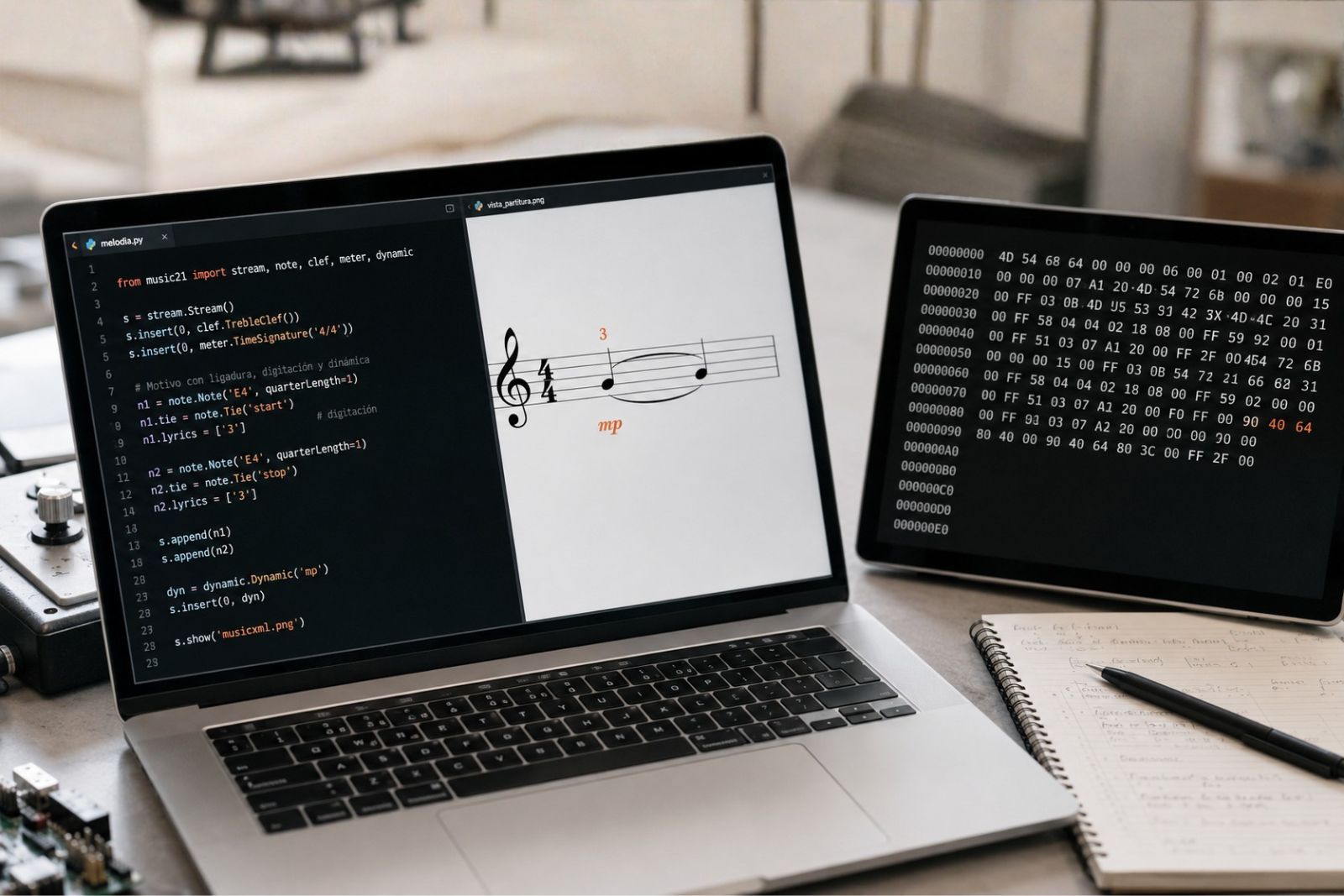 Bureau avec deux fenêtres de code Python côte à côte : à gauche un éditeur avec le script music21 et un écran de partition avec liaison, doigté et nuance mp surlignés en orange ; à droite une vue hexadécimale d'un minuscule fichier binaire MIDI, sur une table de laboratoire technique