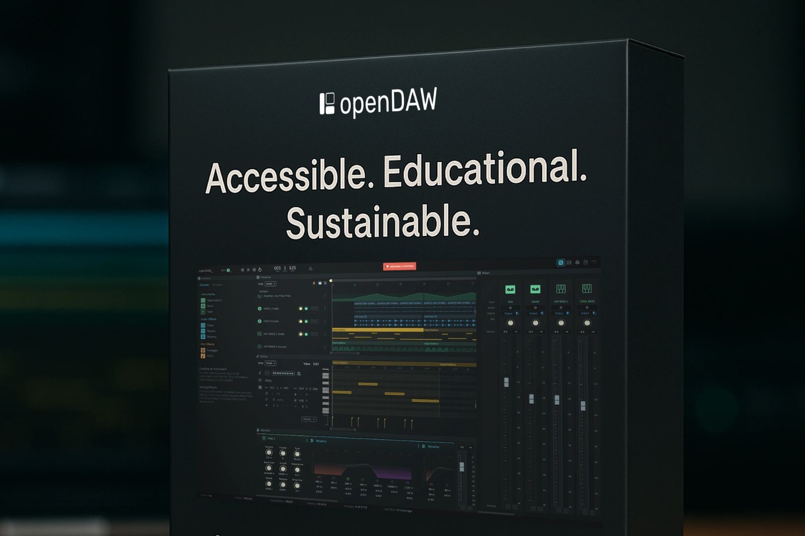 Interfaz del DAW openDAW nel navegador, con pistes d'audio, plugins de sintetizador y el logo del proyeutu sobre fondu escuru