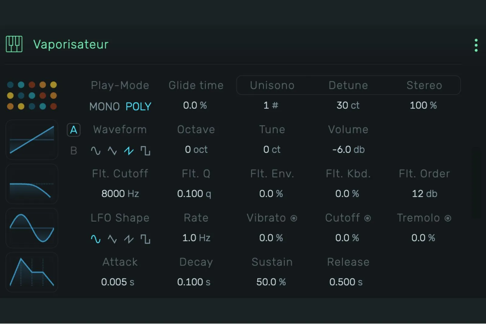 Captura del sintetizador Vaporisateur en openDAW: panel d'osciladores, filtru, envolvente y LFO sobre la interfaz escura del DAW