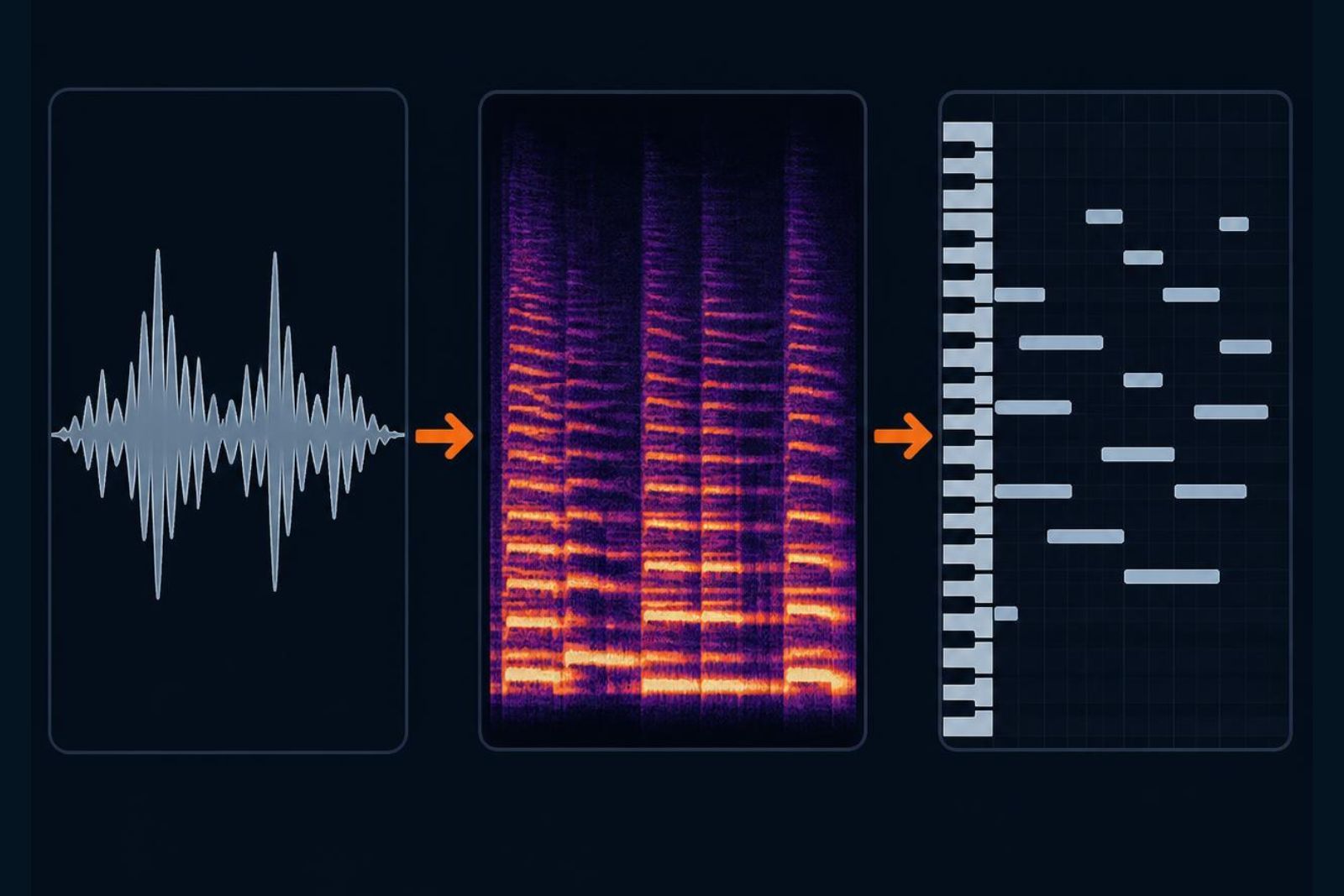 Infographic on a dark blue background with three panels joined by orange arrows: on the left, a grey audio waveform; in the centre, a purple-and-orange spectrogram with horizontal harmonic bands; on the right, a piano roll with a vertical keyboard and notes as blocks on a grid. It shows the transcription flow: audio → frequency → symbol.