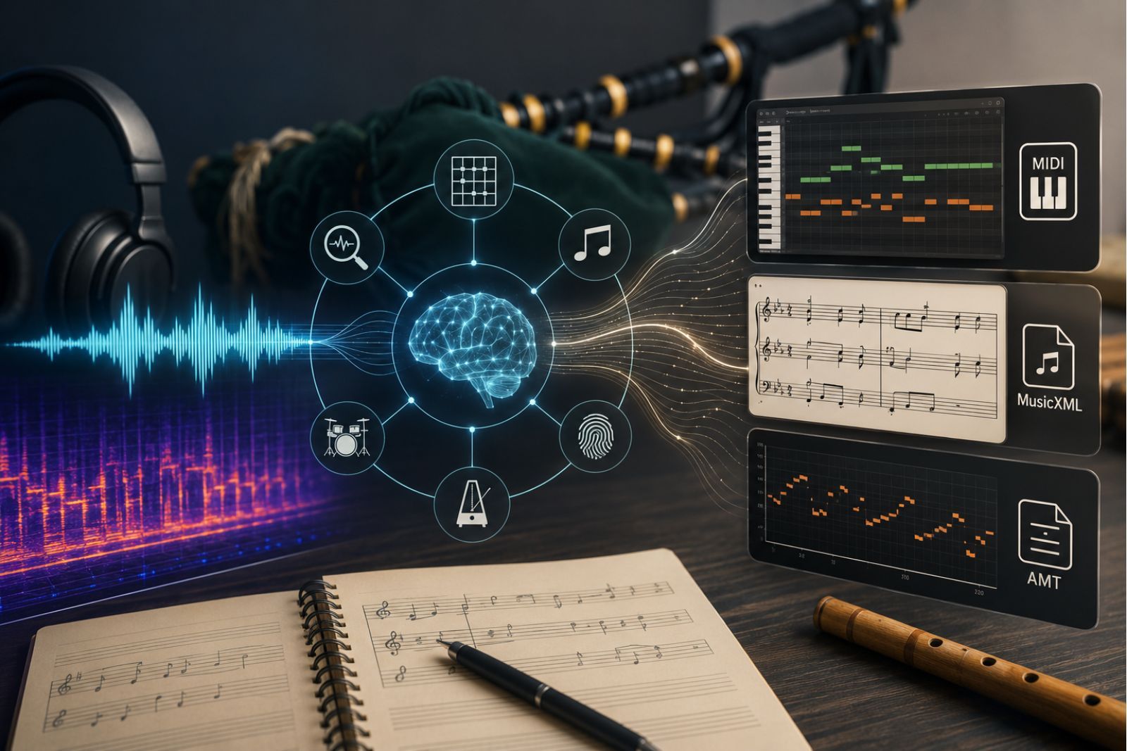 Infographie sur fond blanc : au centre un cercle portant l'étiquette «MIR», d'où partent quatre flèches orange vers quatre cases intitulées «transcription automatique», «reconnaissance d'accords», «séparation de sources» et «identification de morceau», dessinées à l'encre foncée sans autre couleur que l'orange de l'accent.