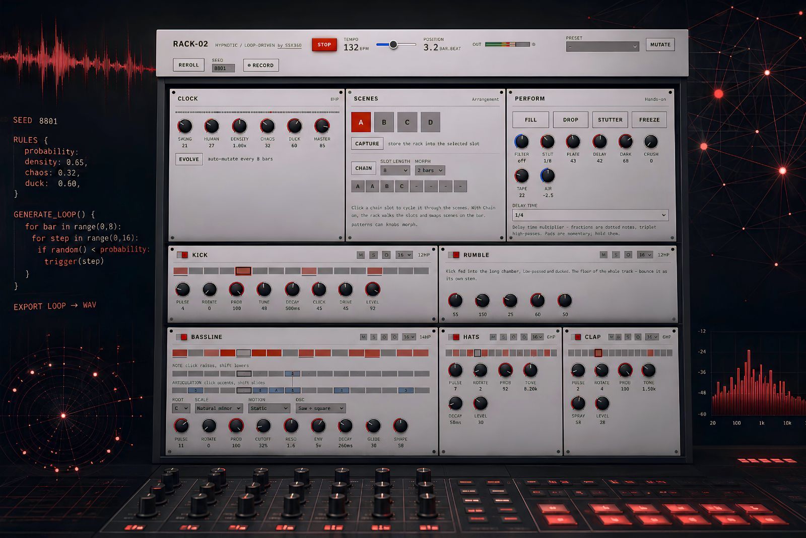 Interfaz de RACK-02 sobre fondo oscuro con overlays técnicos en rojo —forma de onda, espectro de frecuencias y pseudocódigo de generación por probabilidad—, mostrando los módulos Clock, Scenes, Perform, Kick, Rumble, Bassline, Hats y Clap del rack modular