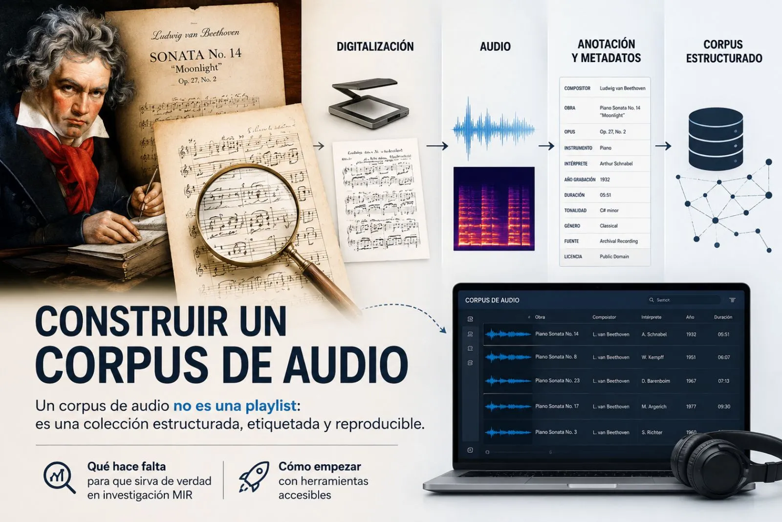Infografía del flujo de construcción de un corpus de audio: de la partitura a la digitalización, al audio (forma de onda y espectrograma), a la anotación con metadatos y al corpus estructurado final. El ejemplo usa una grabación de dominio público de Beethoven.